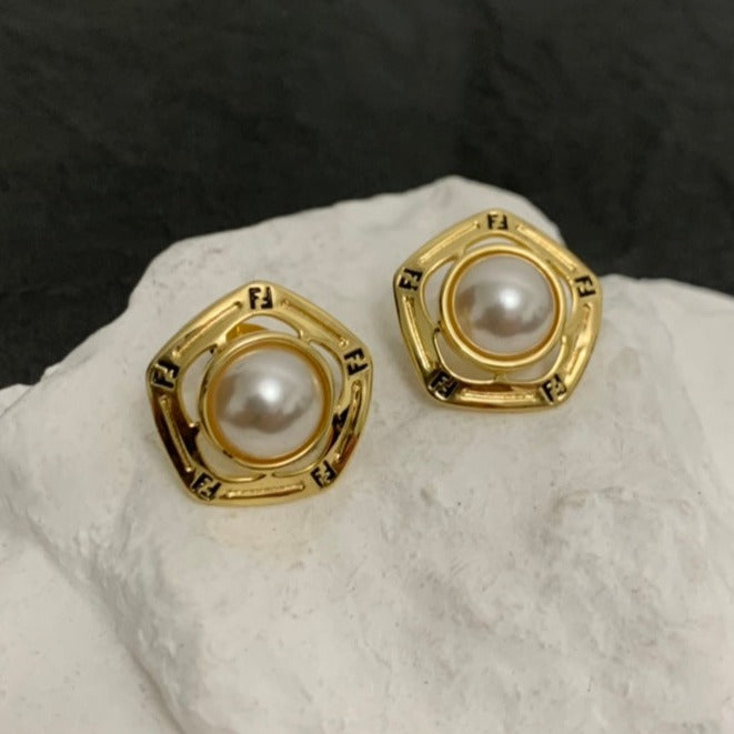 FENDI FF PEARL GOLD EARRINGS